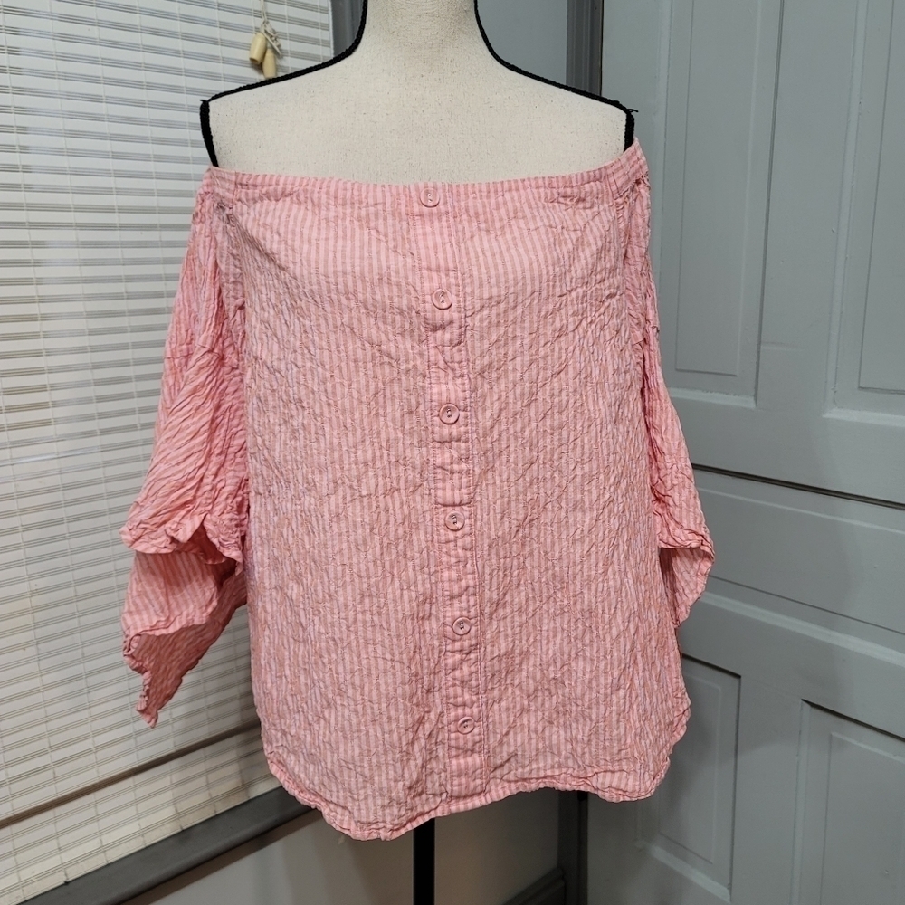 ✨ Lane Bryant Off Shoulder Pink Striped Tulip Bell Sleeve Blouse